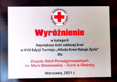 Młoda Krew Ratuje Życie. Nagroda dla ZSZ w Oleśnicy