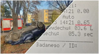 O włos od tragedii! Pijany kierowca dachował i uderzył w kobietę z rocznym dzieckiem