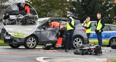 Poważny wypadek na ul. Dobroszyckiej. Zderzenie auta z motocyklem. Droga jest zablokowana